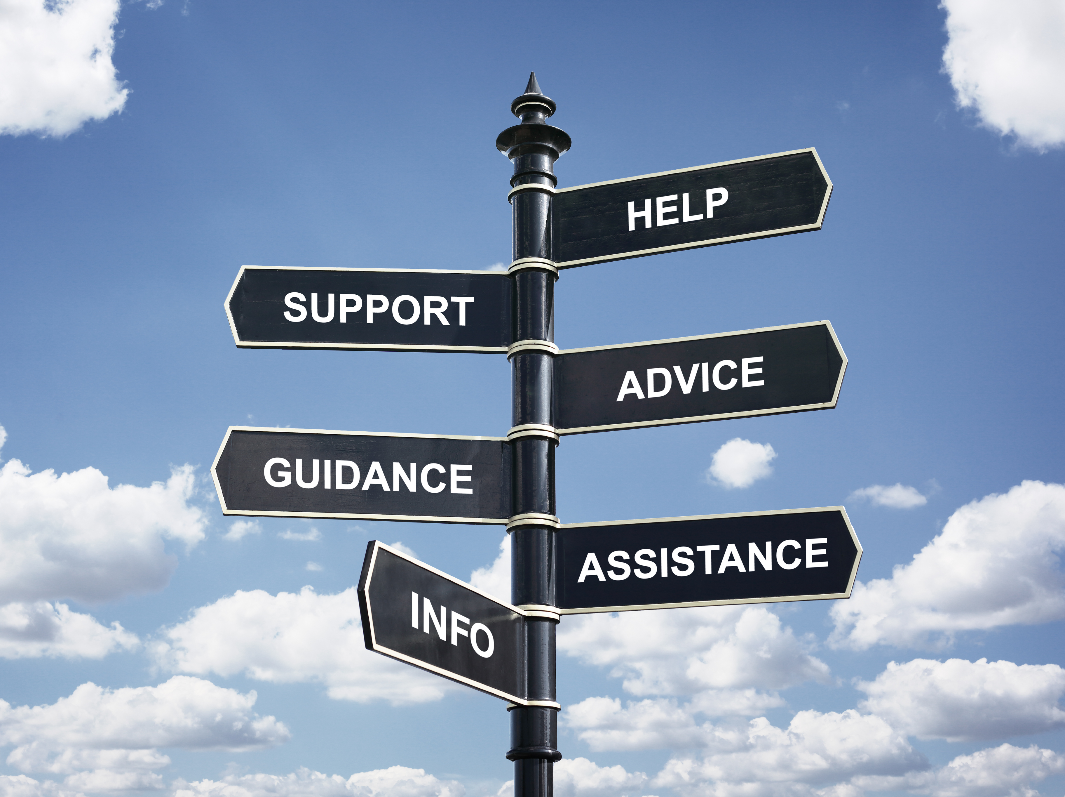 Help, support, advice, guidance, assistance and info crossroad signpost business concept